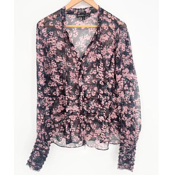 Elizabeth and James 100% Silk Sheer Floral Fringe Tie Neck Blouse Size M - Picture 1 of 10